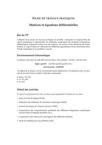 FICHE DE TRAVAUX PRATIQUES Matrices et Ã©quations diffÃ©rentielles