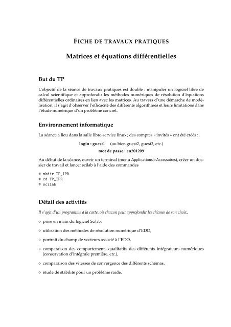 FICHE DE TRAVAUX PRATIQUES Matrices et Ã©quations diffÃ©rentielles