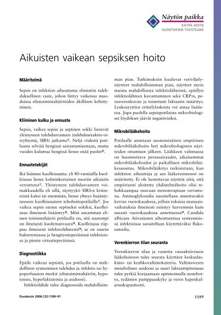 Aikuisten vaikean sepsiksen hoito - Duodecim