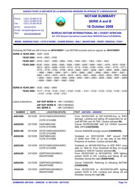 NOTAM DAKAR - Sommaire 20/08 GO - ais asecna