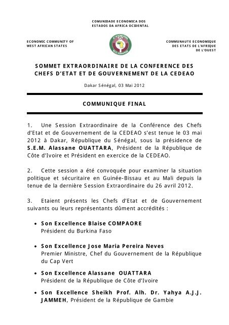 Communiqué final du Sommet extraordinaire de la conférence des ...