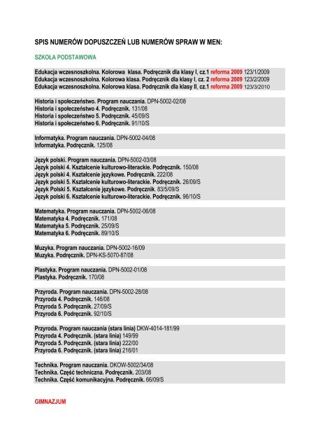 spis numerÃ³w dopuszczeÅ lub numerÃ³w spraw w men - Operon