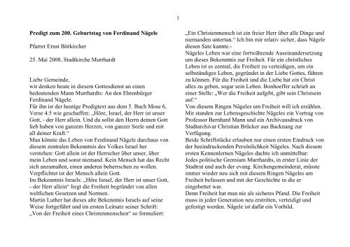 Predigt zum 200. Geburtstag von Ferdinand Nägele Pfarrer Ernst ...