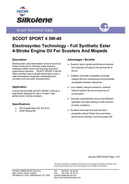 SCOOT SPORT 4 5W-40 Electrosyntec Technology - Full ... - Opie Oils