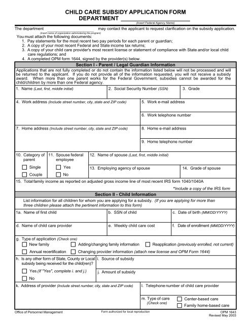child care subsidy application form department - Office of Personnel ...