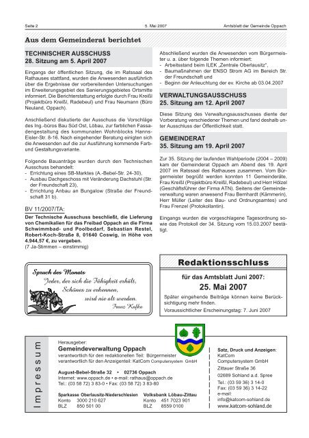 Mai 2007 Herausgeber: Gemeindeverwaltung - Oppach