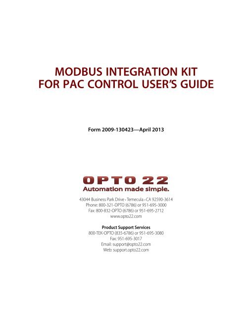 Modbus Integration Kit for PAC Control User's Guide - Opto 22