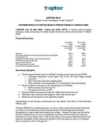 Interim results for the six month period ended 31 March 2009 - Optos