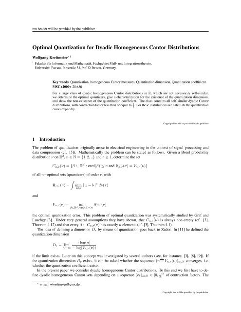 Optimal Quantization for Dyadic Homogeneous ... - OPUS Bayern