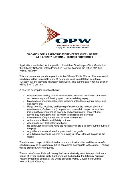 Vacancy For A Part Time Storekeeper Clerk Grade 1