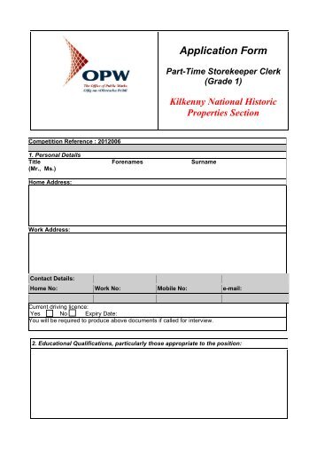 Application Form Part-Time Storekeeper Clerk (Grade 1)