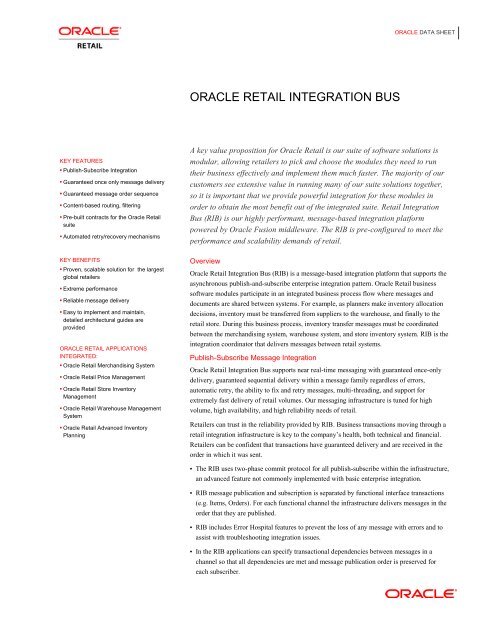 Oracle Retail Integration Bus Data Sheet