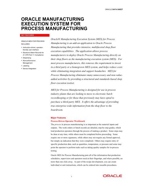 (MES) for Process Manufacturing - Oracle