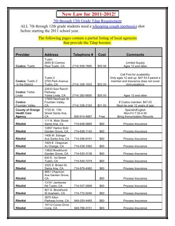 Locations for Tdap Booster - Orange Unified School District