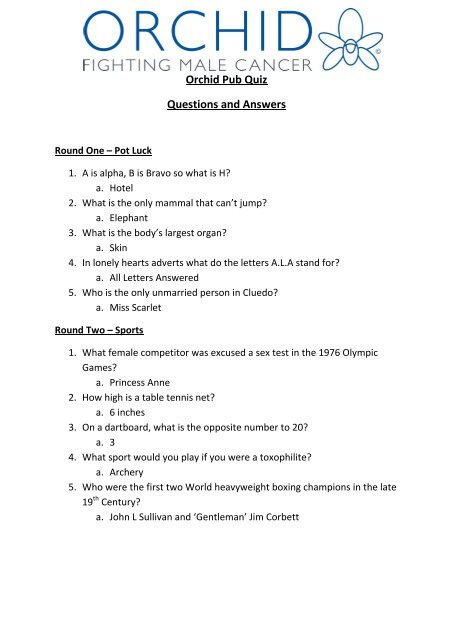 Orchid Pub Quiz Questions and Answers