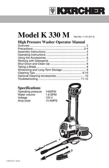 High Pressure Washer Operator Manual Specifications - Order Tree