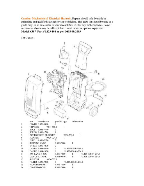 K 397 Parts List - OrderTree.com