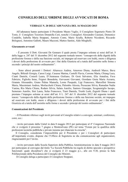 verbale n.20 del 16 maggio 2013 - Ordine degli Avvocati di ROMA