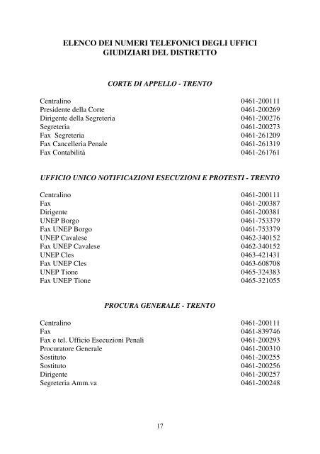 Elenco telefonico uffici giudiziari.pdf - Ordine degli Avvocati di Trento