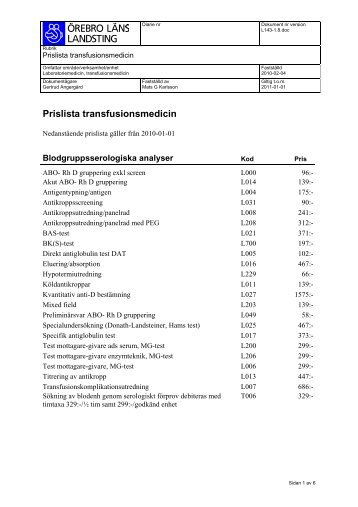 Prislista transfusionsmedicin