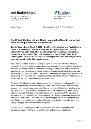 Orell FÃ¼ssli Holding Ltd and Thalia Holding GmbH are to merge their ...