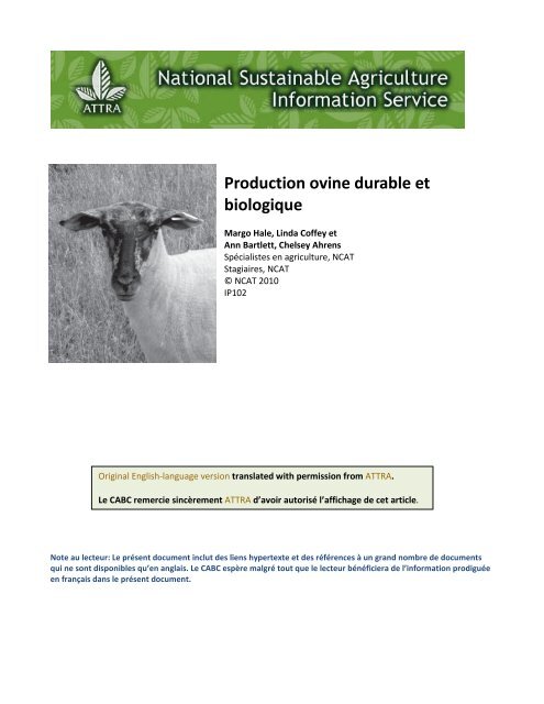 Production ovine durable et biologique - Centre d'agriculture ...