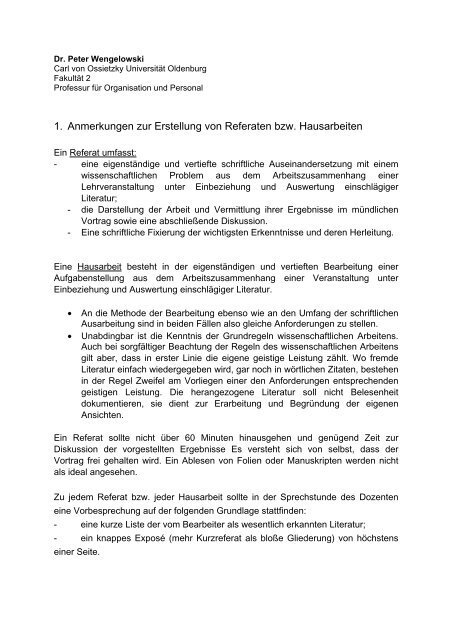 Anmerkungen Zur Erstellung Von Hausarbeiten Organisation Und