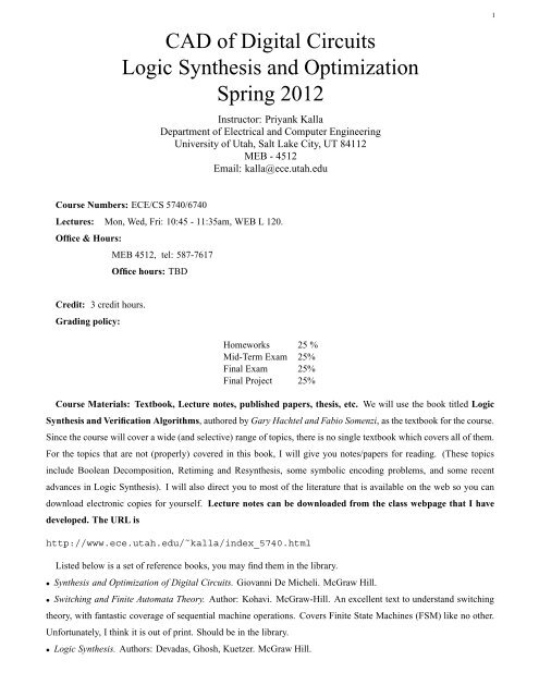 CAD of Digital Circuits Logic Synthesis and Optimization Spring 2012