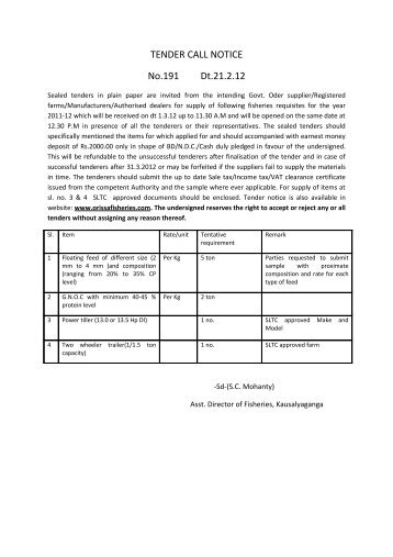 tender call notice on 21_02_2012 - Directorate of Fisheries