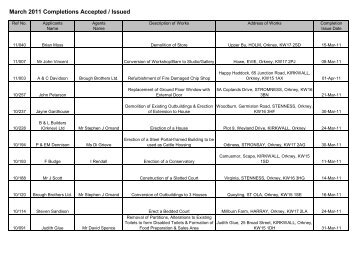 Completion Certificates for March 2011 - Orkney Islands Council