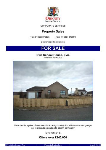 Sales Particulars for Evie School House, Evie - Orkney Islands Council