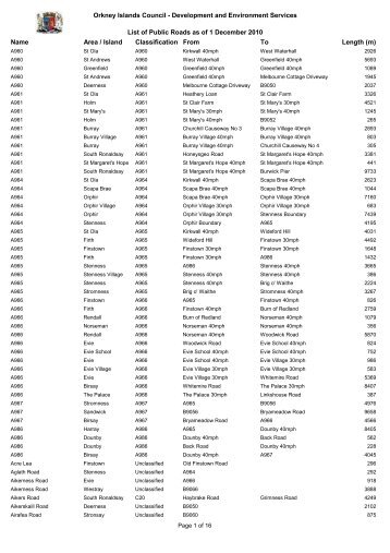 list of roads - Orkney Islands Council