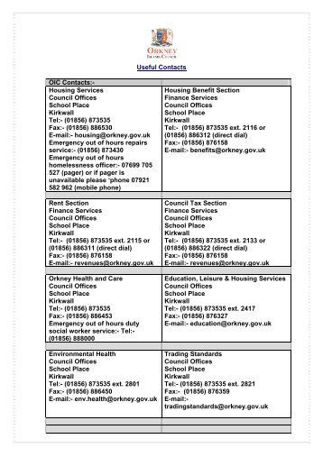 Contacts Leaflet - Orkney Islands Council