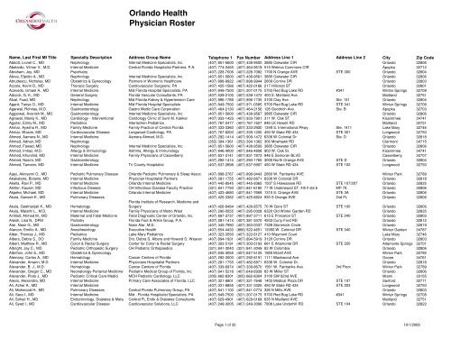 Orlando Health Physician Roster