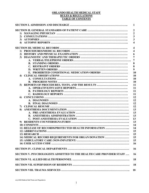 orlando health medical staff rules & regulations table of contents ...