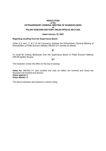 Resolutions passed by the EGM on 10.01.2001