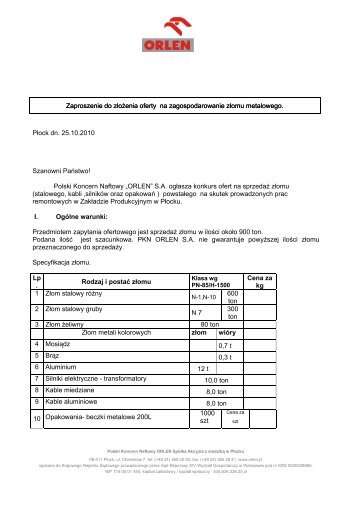 Zaproszenie do złożenia oferty na zagospodarowanie ... - PKN Orlen