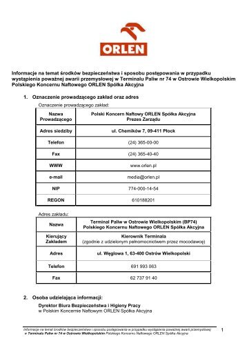 Informacje na temat środków bezpieczeństwa dla BP74 ... - PKN Orlen