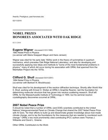 nobel prizes honorees associated with oak ridge