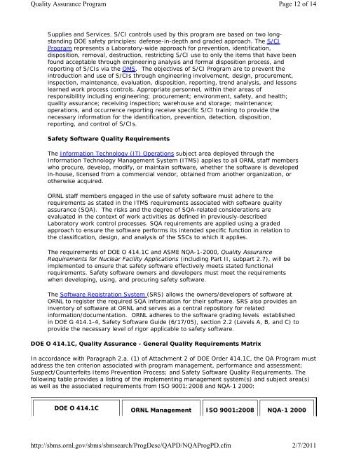 Quality Assurance Program - Oak Ridge National Laboratory