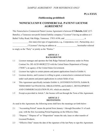 Nonexclusive Patent License - Oak Ridge National Laboratory