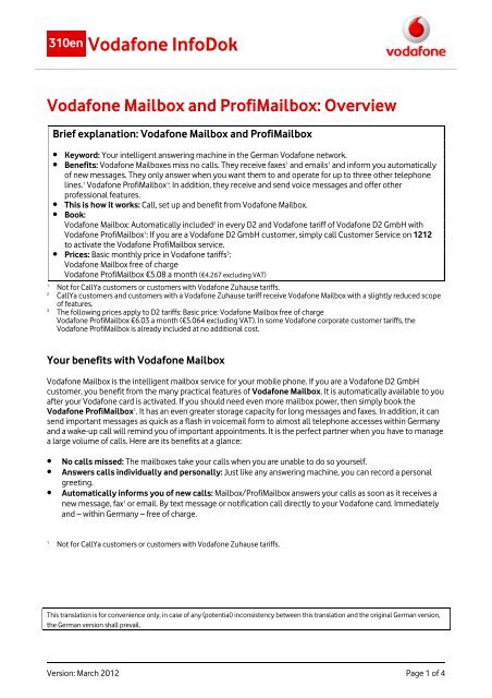 Infodok 310en: Vodafone Mailbox and Profimailbox: Overview