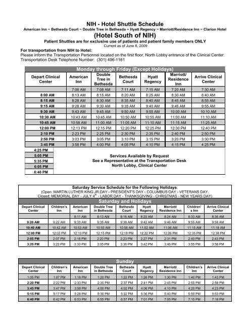 NIH - Hotel Schuttle Schedule (South) - ORS