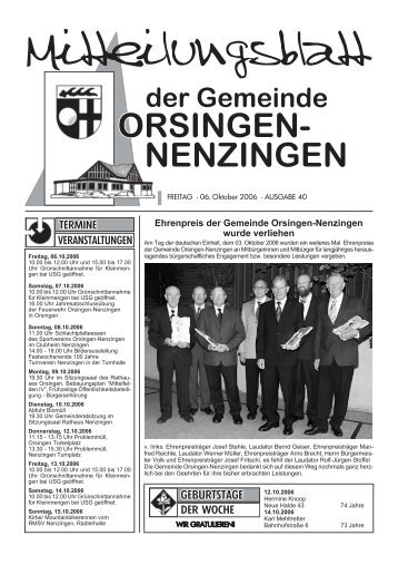 Ehrenpreis der Gemeinde Orsingen-Nenzingen wurde verliehen