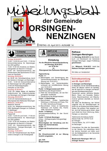 Mitteilungsblatt vom Freitag, 05. April 2013, Ausgabe 14 - Orsingen ...