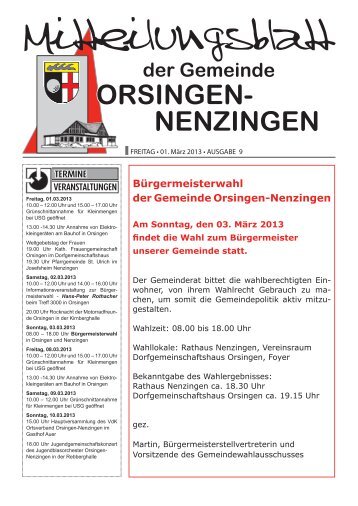 Mitteilungsblatt vom Freitag, 01. MÃ¤rz 2013, Ausgabe 9 - Orsingen ...