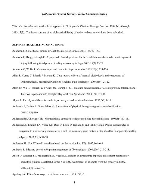 Cumulative Index - Orthopaedic Section