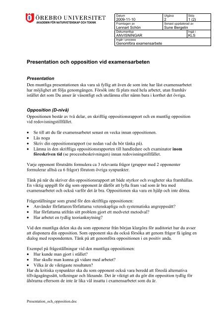 Presentation och opposition vid examensarbeten