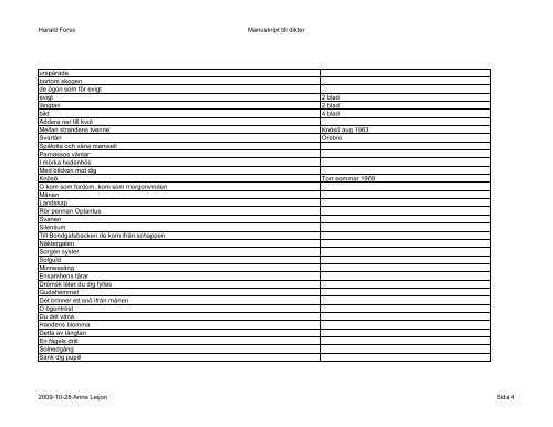 Harald Forss Manuskript till dikter Titel eller fÃ¶rsta rad AnmÃ¤rkning ...