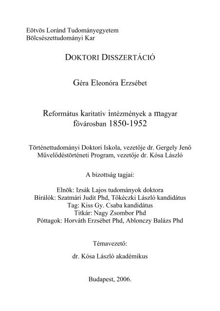 ReformÃ¡tus karitatÃv intÃ©zmÃ©nyek a magyar fÅ'vÃ¡rosban 1850-